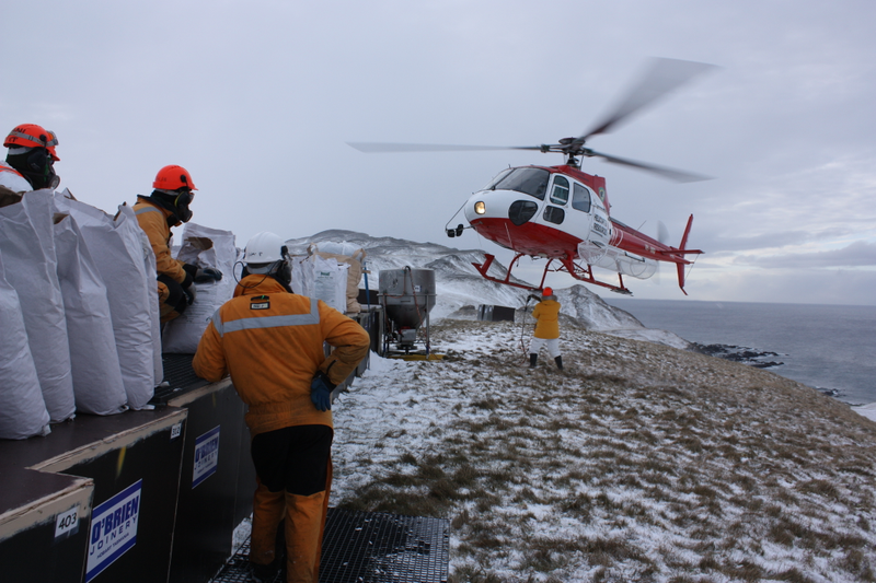 Mission staff loading bait into helicopter buckets on Macquarie Island, which lie halfway between New Zealand and Antarctica.